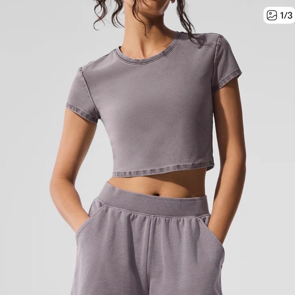 Alo Washed Alosoft Crop Finesse Short Sleeve in Cool Grey Wash Size Small